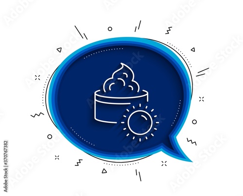 Sun face cream line icon. Chat bubble with shadow. Skin care sign. Cosmetic lotion symbol. Thin line sun cream icon. Vector