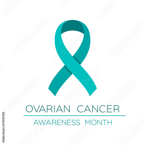Ovarian cancer awareness month ribbon. Teal bow. Women's reproductive health poster or banner. Disease prevention, diagnosis, treatment, cure and support campaign. Vector illustration, flat, clip art