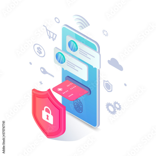 Online payment protection isometric concept. Safe mobile cashless payments, 3d vector smartphone with credit card, shield, fingerprint access. Internet banking security, secure online shopping, e-pay