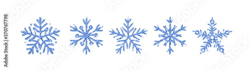 Blue glitter texture snowflake hand drawn icons set on white background. Shiny Christmas, New year and winter sparkling symbols for web, print, decoration, greeting card. Vector Illustration