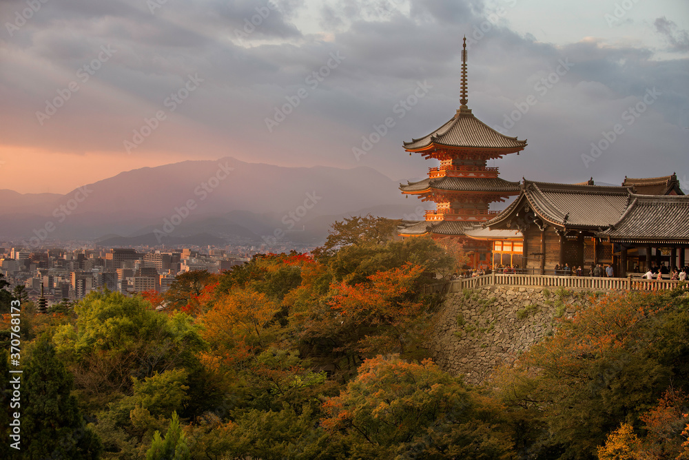 Japanese pagoda at sunset. Beautiful view in Kyoto