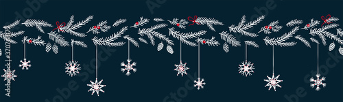 Cute hand drawn horizontal seamless pattern with fir branches and hanging decoration, great for christmas banners, wallpapers, wrapping, textiles - vector design