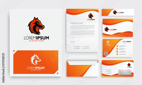 Corporate identity branding template. Abstract vector stationery design with head fox logo