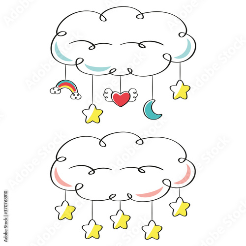 Clouds with pendants toys for baby. Cartoon vector illustration