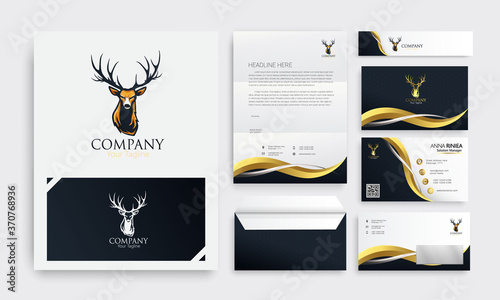 head deer vintage logo with luxury golden stationery design