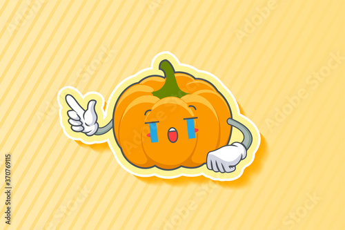 CRYING, SAD, SOB, CRY Face Emotion. Finger Gun Hand Gesture. Yellow, Orange Pumpkin Fruit Cartoon Drawing Mascot Illustration.
