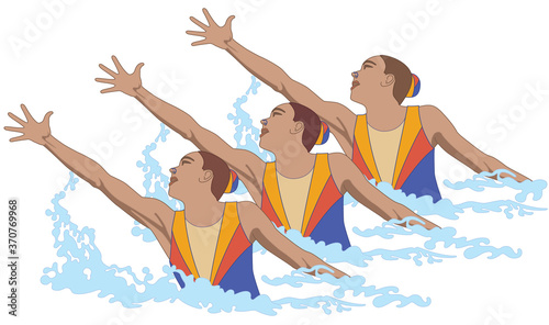 synchronized swimmers, trio in pose splashing out of water isolated on a white background