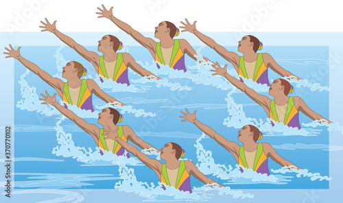 synchronized swimmers, group of eight in pose splashing out of water