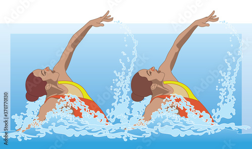 synchronized swimmers, duet in pose splashing out of water
