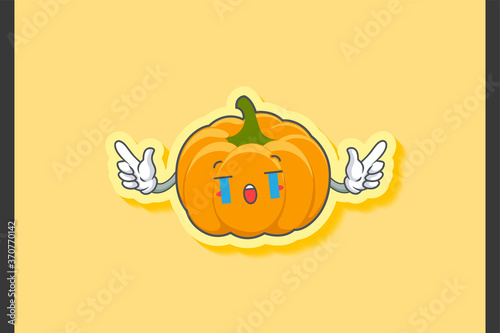 CRYING, SAD, SOB, CRY Face Emotion. Double Finger Gun Hand Gesture. Yellow, Orange Pumpkin Fruit Cartoon Drawing Mascot Illustration.