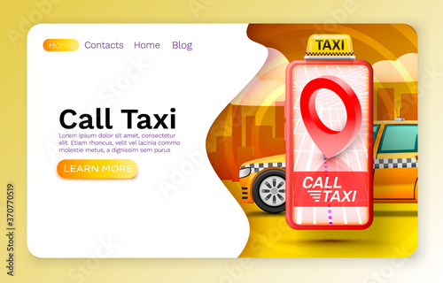 Smartphone call taxi banner concept, place for text, online application, taxi service. Vector