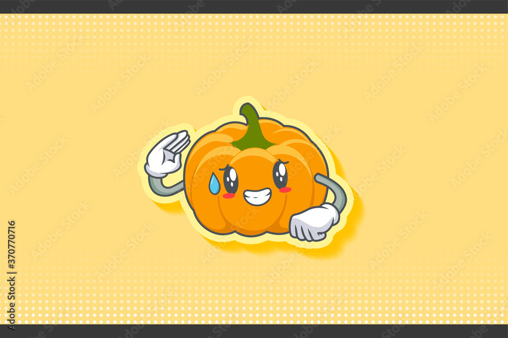 NERVOUS, PHEW, DISAPPOINTED, RELIEVED Face Emotion. Salute Hand Gesture. Yellow, Orange Pumpkin Fruit Cartoon Drawing Mascot Illustration.