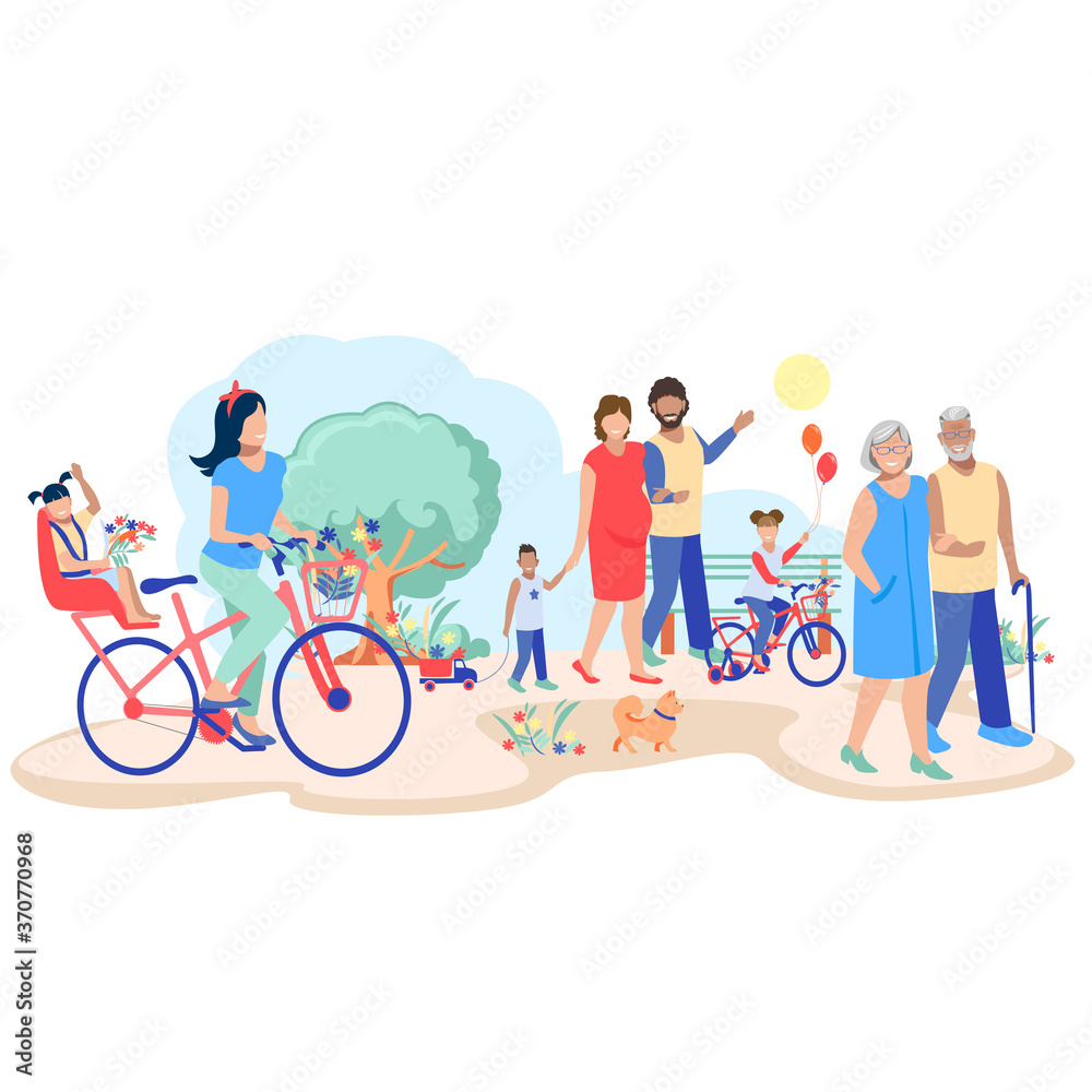 Fototapeta premium Happy family walks in the city park. Parents and children. Elderly and young couples. Family day. Vector illustration isolated on white background.