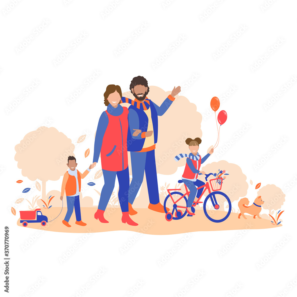 Happy young family walks in the city park in autumn. Parents and children. Family day. Vector illustration isolated on white background. Happy young family walks in the city park in autumn. Parents and children. Family day. Vector illustration isolated on white background.