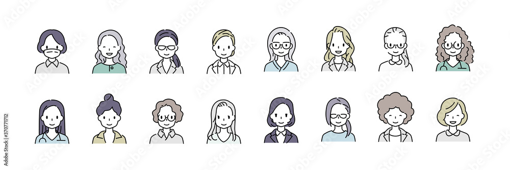 女性の顔アイコン・線画カラー_スーツ専門家 女性の顔アイコン・線画カラー_スーツ専門家