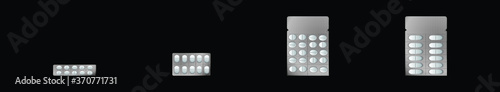 set of pills tablet with packaging isolated vector on black background