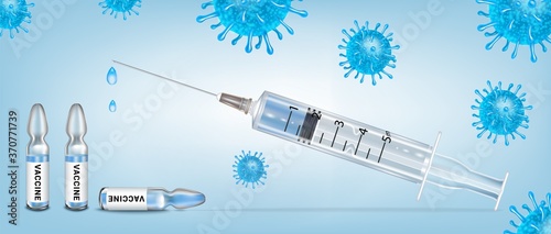 Vaccination medical banner. Syringe and ampoules with coronavirus vaccine, preventing a second wave of COVID-19 infection. 3d realistic vector illustration.