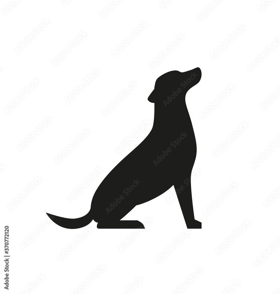 Dog black silhouette isolated on white background. Sitting pet simple illustration. - Vector