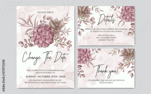 Postponed wedding invitation template with succulent floral set bundle