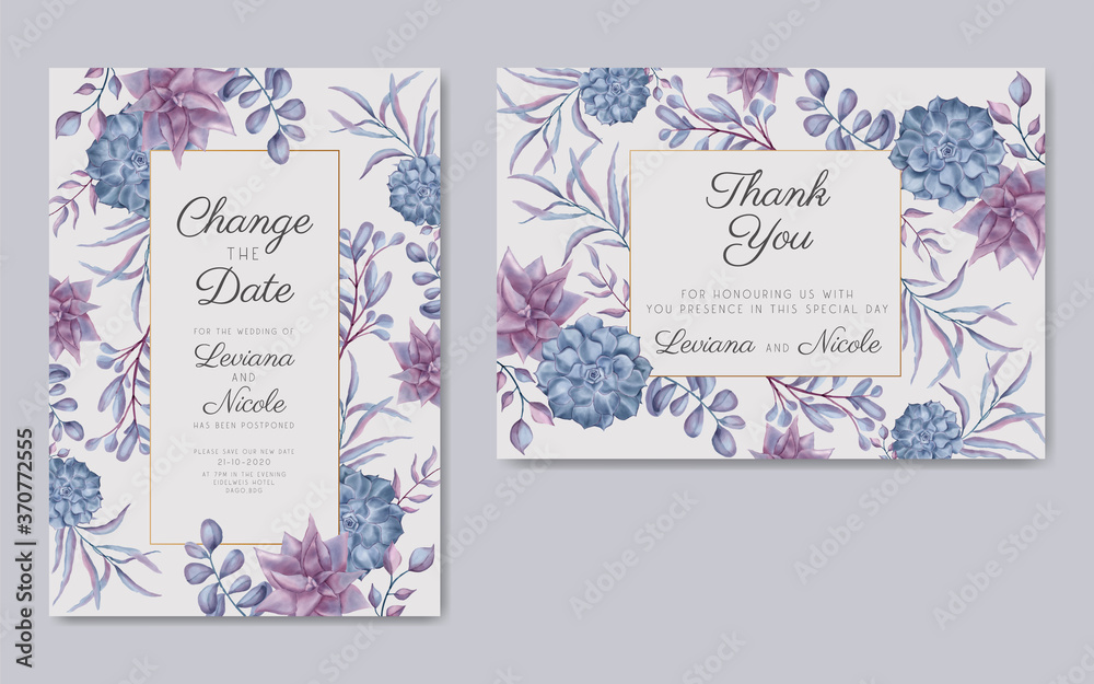 Postponed wedding invitation card template with succulent floral frame