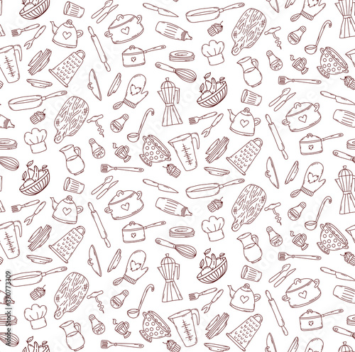 Kitchen cooking doodle line icons seamless vector pattern