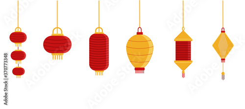 Set of different traditional chinese paper lanterns. Collection of icons for mid autumn festival. Decorative elements for festive design. Vector Illustration on white background.