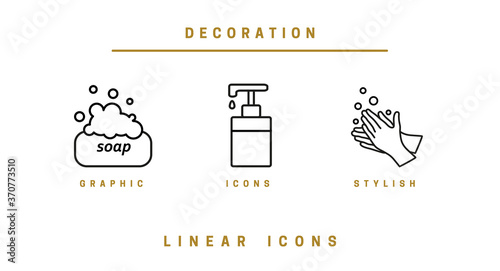 Set icons of hygiene. The silhouettes, hands, hand soap, and antiseptics on white background. Vector illustration.