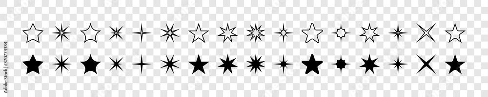 Stars. Star vector icons. Stars collection. Black stars, isolated. Star icons. Star in modern flat design. Vector illustration - obrazy, fototapety, plakaty 
