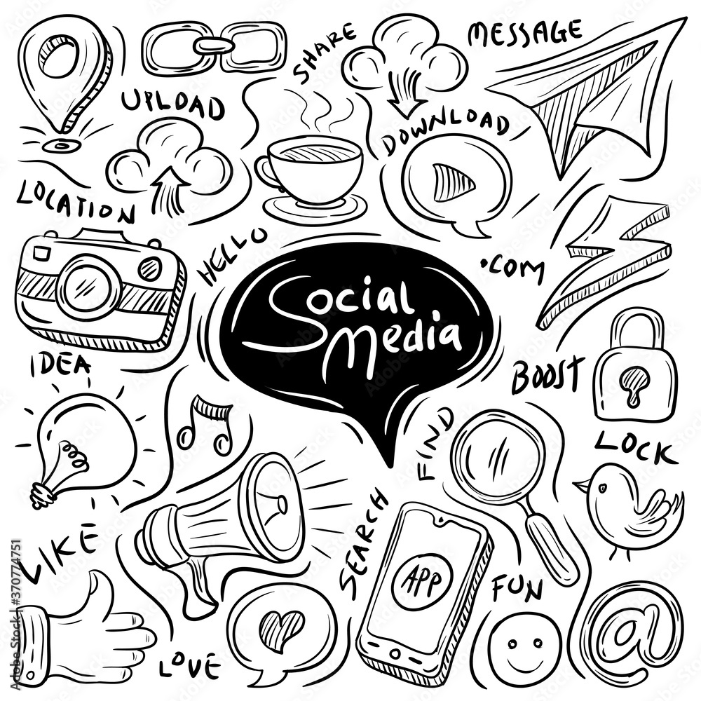 Social Media Hand Drawn Doodle set. simple and trendy Sketch Vector illustration
