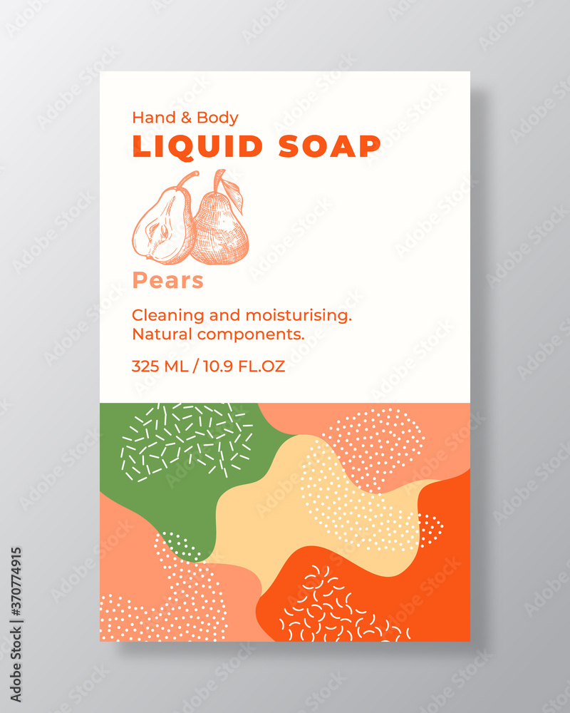 Fototapeta premium Liquid Soap Package Label Template. Abstract Shapes Camo Background Vector Cover. Cosmetics Packaging Design. Modern Typography and Hand Drawn Pear with a Half Fruit Sketch.