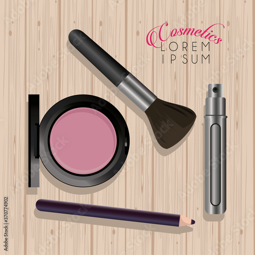lettering and makeup cosmetics in wooden background