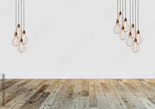 empty living room interior decoration modern lamp and wooden floor  stone wall concept. decorative background for home  office  hotel. 3D illustration