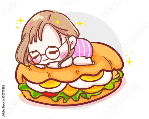 Character of cute girl sleeping on delicious burger or sandwich ham isolated on white background with fast food meal.