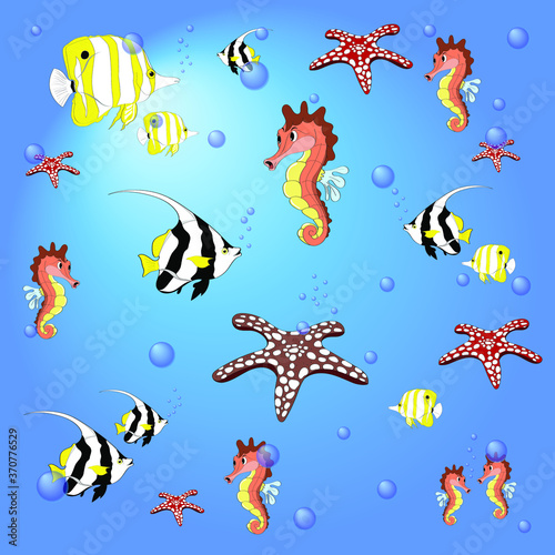 Pattern with sea fish, seahorses and starfish. Bright cartoon animals on a blue background