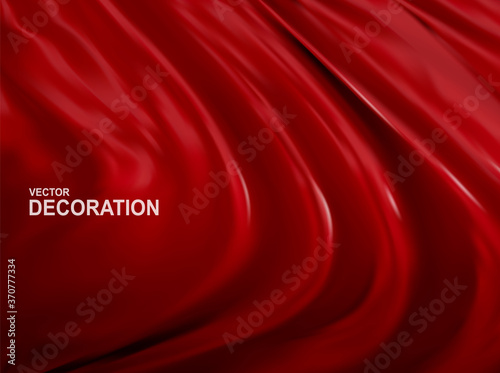 Vector Red silk fabric background. Realistic, 3D  Luxurious R Abstract, Decorative backdrop with soft waves of satin drapery. Template for design, poster, banner.