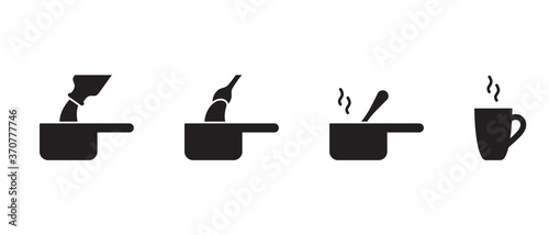 Preparation of hot chocolate on stove. Silhouette icons set. Pour milk into saucepan, add cocoa, stir, warm up. Basic recipe of drink. Home cooking instruction. Black flat vector, simple illustration