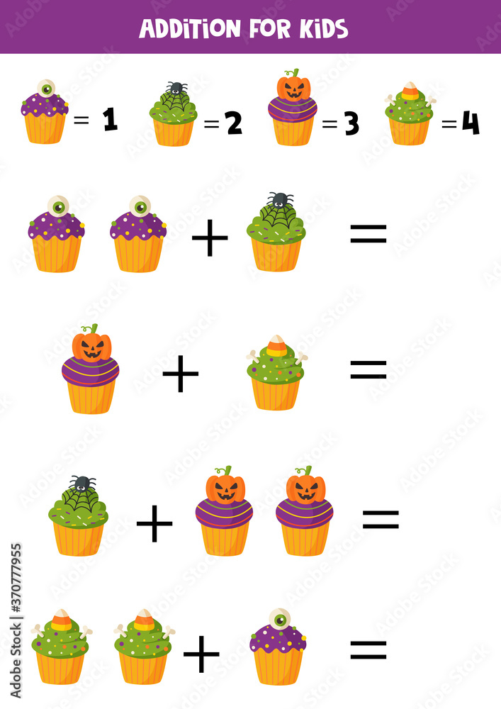 Addition with funny Halloween cupcakes. Math games.