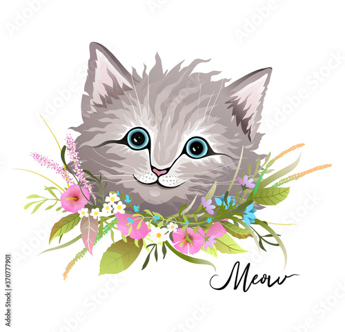 Cute fluffy furry kitten with flowers wreath around neck, cat paws, floral compositions and head portrait separately. Designer kitty clipart collection, realistic hand drawn vector in watercolor style