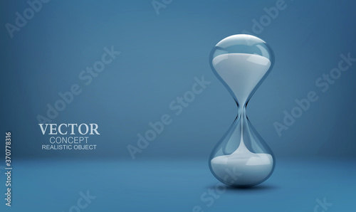 Vector hourglass with transparent glass flask and white sand on a blue background. Realistic illustration with sandhours. Template for layout, design.