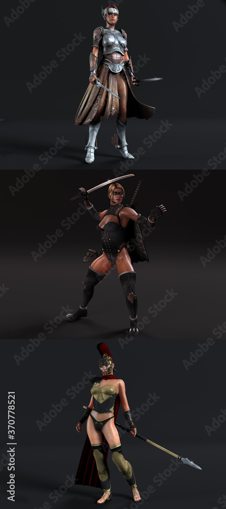  3D set of warrior women