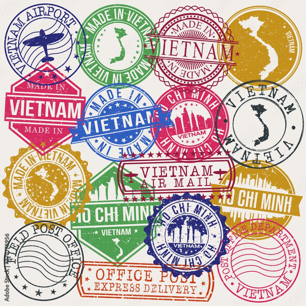 Fototapeta premium Ho Chi Minh Vietnam Set of Stamps. Travel Stamp. Made In Product. Design Seals Old Style Insignia.