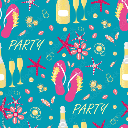 Flip flop and party seamless vector pattern background. Luxurious pink,gold, aqua blue backdrop with text, sandals shoes, Champagne bottles, fizzing glasses, starfish and shells. Celebration concept