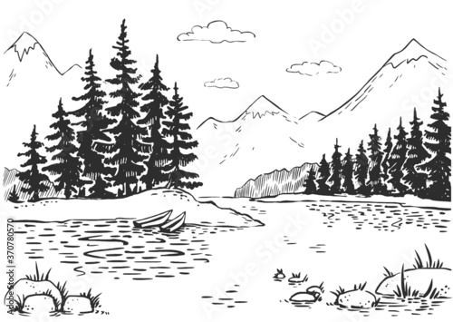 Vector illustration of nature in the mountains. tourism in nature. landscape with mountains, lake and forest. Illustration of tourism and recreation in the wild. hand drawn sketch