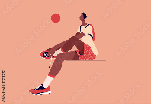 Thoughtful afro American basketball player sitting on the bench. Flat style vector concept illustration.