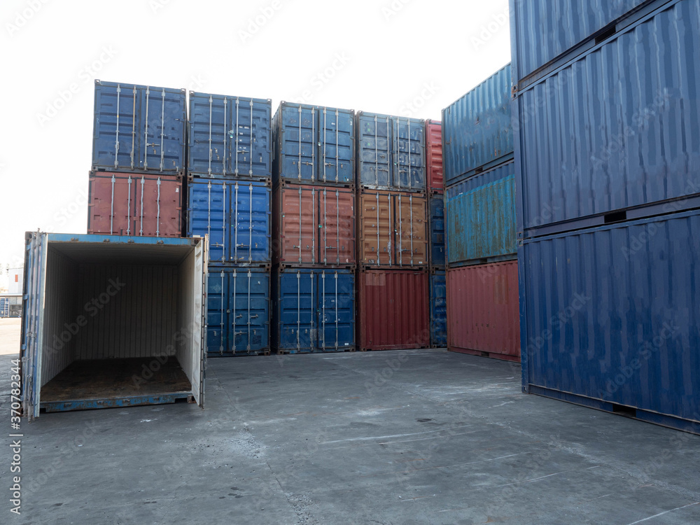 Fototapeta premium Cargo have forklift container full blue and red color copy space import export shipping logistics industry business commercial economic trade down effect corona virus disease crisis 