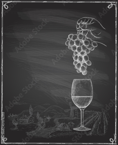 Wine chalkboard banner with empty space for text and hand drawn graphic illustration with man hand holding bunch of grapes