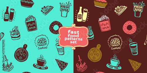 Fast food patterns set, doodle style hand drawn food symbols
