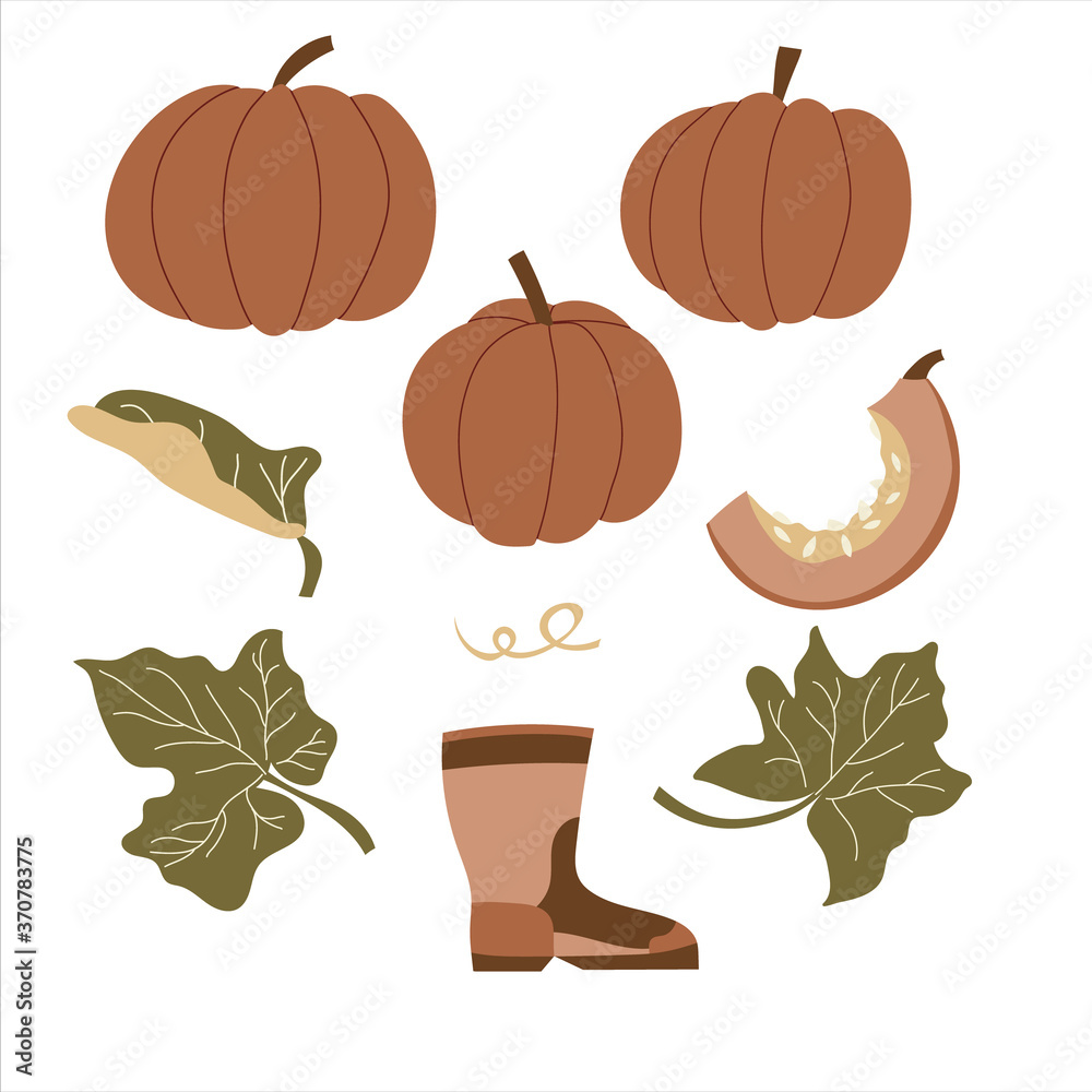 Set of pumpkins with leaves and rubber boot. Autumn elements in brown tones. Vector flat illustration. Set of pumpkins with leaves and rubber boot. Autumn elements in brown tones. Vector flat illustration.