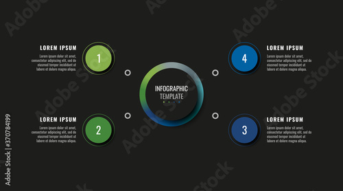 Modern infographic template with four round realistic elements on a black background. Horizontal business progress visualisation with options and descriptions. Vector illustration eps10