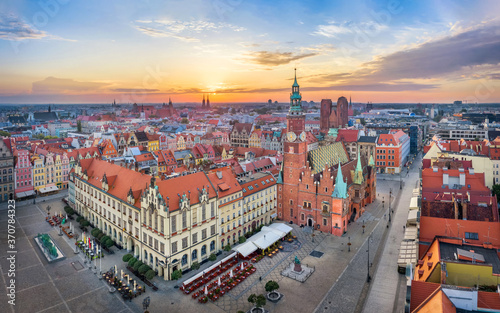Wroclaw, Poland. Aerial view of Rynek square with historic gothic Town Hall on sunrise
